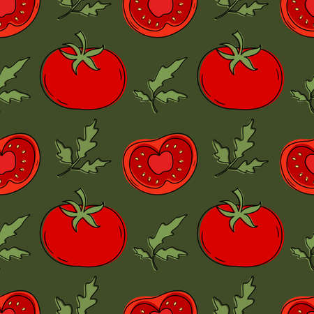 Vector pattern of a set of tomatoes. Design elements for menus, advertisements and covers, children is books, food and food illustrations.Vector of vegetables and foliage. Illustration of food.のイラスト素材