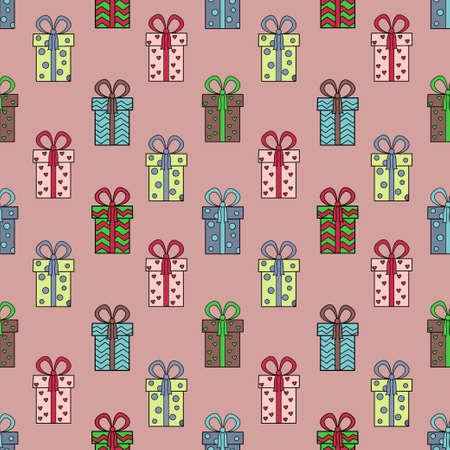 Cute seamless pattern with gifts on the theme of Valentine is Day, wedding, birthday, Christmas.Contour vector icons .For websites and interfaces, mobile applications, icons, postcards, wrapping paperのイラスト素材
