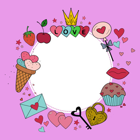 Romantic frames with hand-drawn cute elements. Hearts, cupcakes, lollipops, candies, berries, envelope, ice cream. Round frame for Valentine is Day,Birthday. The concept of love. Vector illustration.のイラスト素材