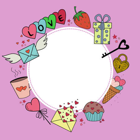 Romantic frames with hand-drawn cute elements. Hearts, cupcakes, lollipops, candies, berries, envelope, ice cream. Round frame for Valentine is Day,Birthday. The concept of love. Vector illustration.のイラスト素材