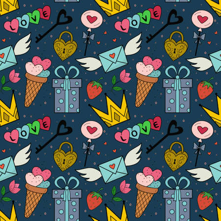 Seamless pattern with hearts, sweets, gifts on a blue background. Valentine is Day, wedding, for websites and interfaces,mobile applications,icons,postcards, wrapping paper, advertising.Vector patternのイラスト素材