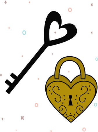 Vector image of a lock with a key.An element of the decor of a wedding celebration. valentine's day. Simple contour vector, website or mobile application, advertising, postcards, books iconのイラスト素材
