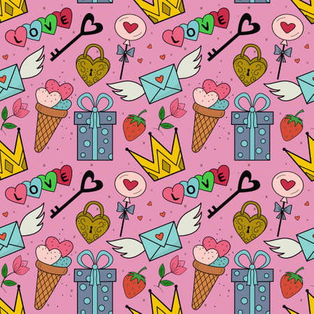 Vector pattern of cute illustrations for Valentine is Day, wedding, for websites and interfaces, mobile applications, postcards, wrapping paper, advertising.Vector patternのイラスト素材