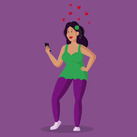A girl in love sends an SMS via her smartphone. Vector illustration on the theme of virtual love. Drawing for a dating site.のイラスト素材