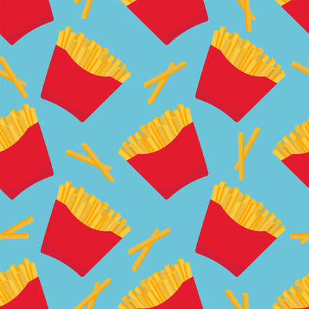 Seamless vector pattern of French fries. For printing, wrapping paper, advertising, restaurant menus, packaging, books, postcards, magazine covers, web pages, fabrics, textiles, grocery stores.のイラスト素材
