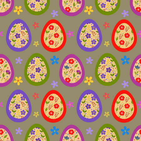 Easter eggs decorative pattern. Happy Easter template with eggs and flowers. Vector flat illustration.. Vector illustrationの写真素材