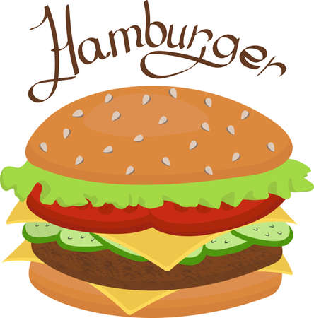 Illustration of a hamburger, fast food, isolated on a white background.Cartoon delicious big burger with cheese and sesame seeds. Vector illustration.のイラスト素材