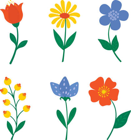 A set of stylized colors highlighted on a white background. Vector flowers in cartoon style, for greetings, weddings, flower design, web design.のイラスト素材