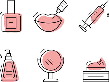 Cosmetics and care products, a set of simple symbols. Isolated vector monochrome illustration. A set of icons for care products. Fashion icon.のイラスト素材