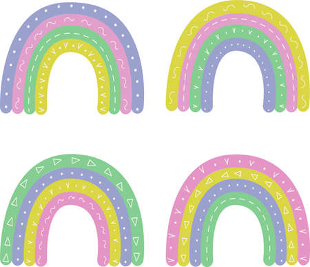 Vector set with rainbows in delicate colors with a beautiful ornament isolated on a white background, ideal for children is posters.のイラスト素材