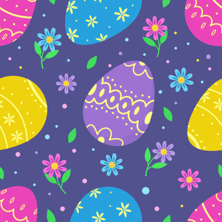 Decorative pattern of Easter eggs. Happy Easter template with eggs and flowers. Vector illustration of beautiful Easter eggs .のイラスト素材