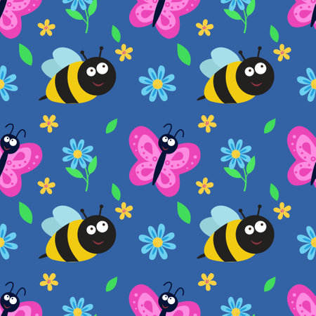 Seamless pattern with butterfly, bee and flowers. Repeating vector pattern with insects. An idea for holiday invitations,childrens creativity, for paper, fabric, textiles, gift wrapping, advertising.のイラスト素材