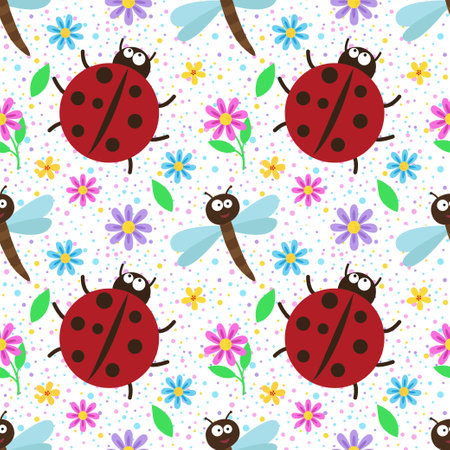 Seamless pattern with ladybugs and flowers. Repeating vector pattern with insects. An idea for holiday invitations, childrens creativity, for paper, fabric, textiles, gift wrapping, advertising.のイラスト素材