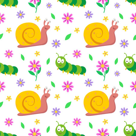 Seamless pattern with snail, caterpillar and flowers. Repeating vector pattern with insects.Ideal for holiday invitations, childrens creativity, for paper, fabric, textiles, gift wrapping,advertisingのイラスト素材