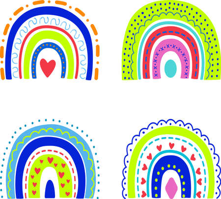 Vector set of bright rainbows with a beautiful ornament on a white background, striped rainbow of neon colors. Illustration for children, magazines, advertising,  mobile applications, advertisingのイラスト素材