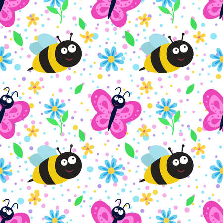 Seamless pattern with butterfly, bee and flowers. Repeating vector pattern with insects. An idea for holiday invitations,childrens creativity, for paper, fabric, textiles, gift wrapping, advertising.のイラスト素材