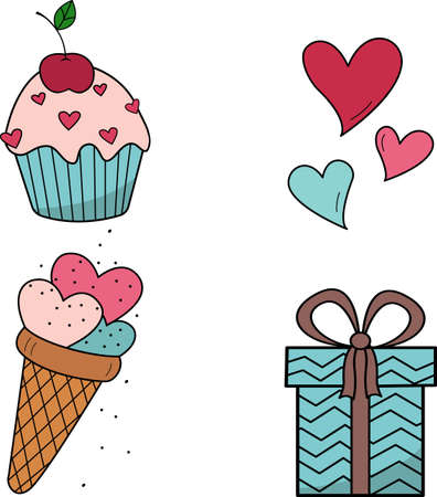 Cute set with cupcake, ice cream, Valentines Day gift, wedding, romantic event. Contour vector icons for websites and interfaces, mobile applications, icons, postcards. Cute set.のイラスト素材