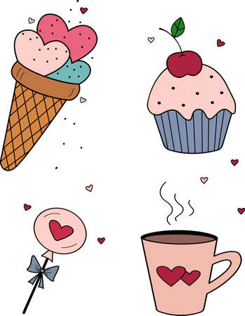 Cute set with ice cream, cupcake, candy, coffee mug for Valentine is Day, wedding, romantic event. Contour vector icons for websites and interfaces, mobile applications, icons, postcards. A good set.のイラスト素材