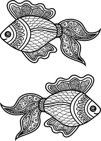 Black and white vector illustration of a fish. An idea for a  fashion illustrations, magazines, print on clothing, advertising, tattoo sketch or mehendi.のイラスト素材