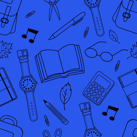 Vector seamless pattern with school accessories, satchel, glasses, paints, notebook, eraser, watch, ruler, scissors.Vector illustration.のイラスト素材