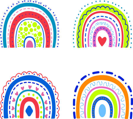 Vector set of bright rainbows with a beautiful ornament on a white background, striped rainbow of neon colors.のイラスト素材