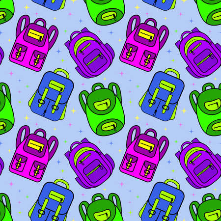 Vector seamless pattern with school backpacks bright colors. School supplies. Ideal for childrens posters, packaging, textiles, web design, postcards.のイラスト素材