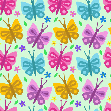 Seamless pattern of beautiful butterflies and flowers, repeating pattern.Ideal for holiday invitations, drawing, childrens creativity, paper, fabric, textiles, gift wrapping, advertising, postcards.のイラスト素材