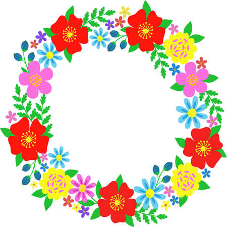 Flower frame with bright flowers and green leaves on a white background. Round frame for wedding photos, invitations, greetings, background for memorable dates. Vector stock illustration.のイラスト素材