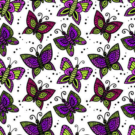 Seamless pattern of beautiful butterflies, abstract repeating pattern.Ideal for holiday invitations, drawing, childrens creativity, paper, fabric, textiles, gift wrapping, advertising, postcards.のイラスト素材