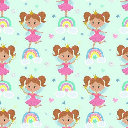 Vector seamless pattern with a princess, rainbow, stars and other elements. Fairy with a magic wand childrens illustration. Cartoon fairy pattern for kids, girls. Wallpaper, packaging, design.のイラスト素材