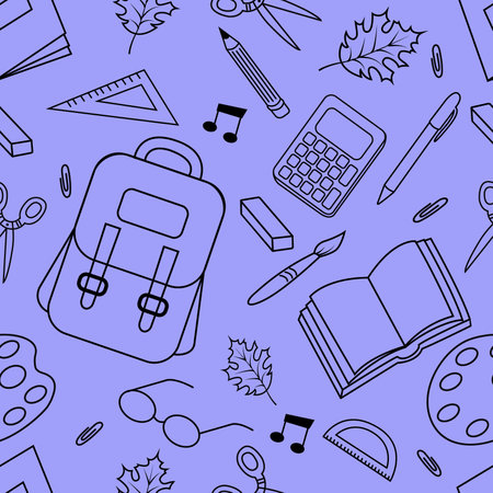 Vector seamless pattern with school supplies. School supplies. Backpack, brush, scissors, rulers, erasers, pencils. It is used for childrens posters, packaging, textiles, web design, postcards.のイラスト素材