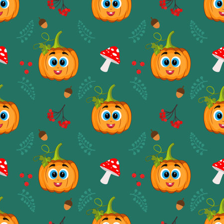 A beautiful pumpkin for Halloween, Thanksgiving day. Vector seamless pattern, cute cartoon handmade pumpkins. Suitable for seasonal textile prints, holiday banners, backgrounds or wallpapers.のイラスト素材