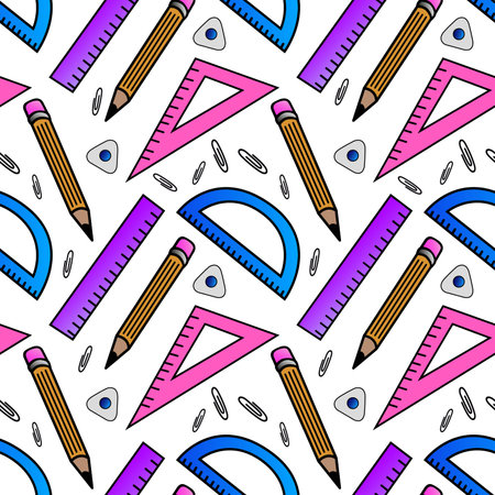 Vector seamless pattern with school backpacks bright colors. School supplies. Ideal for childrens posters, packaging, textiles, web design, postcards.のイラスト素材