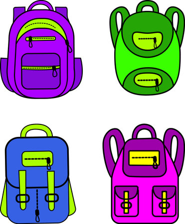 A set of school or travel backpacks, hand-drawn in bright colors.Illustration of school supplies. Vector vivid illustration of a backpack. Postcards, posters, notebook covers, magazines.のイラスト素材