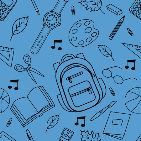 Vector seamless pattern with school supplies. School supplies. Backpack, brush, scissors, rulers, erasers, pencils. It is used for childrens posters, packaging, textiles, web design, postcards.のイラスト素材