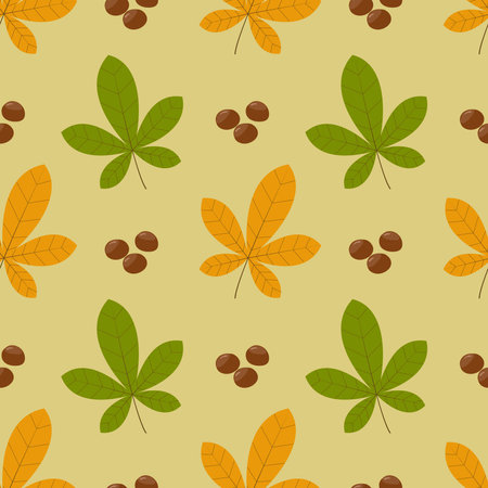 Seamless pattern with autumn elements,acorns, autumn leaves, berries. Autumn pattern.A bright, repetitive texture for the autumn season. Design of postcards, prints made of wrapping paper, packaging.のイラスト素材
