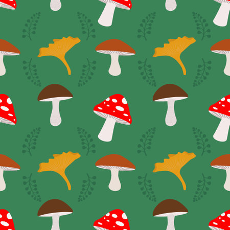 Vector seamless pattern of mushrooms. Autumn pattern. Bright, repetitive texture for the autumn season. Design of postcards, wrapping paper prints, packaging, web design.のイラスト素材