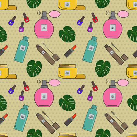 Vector seamless pattern of cosmetics.Creams,lipstick, nail polish, face masks. Cosmetics store, beauty salon, postcard design,prints made of wrapping paper and packaging.Sketch a fashionable bannerのイラスト素材