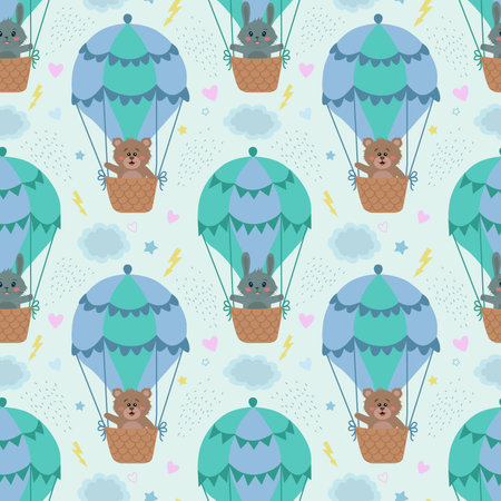 Vector seamless pattern with rabbits and bears on a balloon. Vector illustration with animals for children. It is used for printing on childrens fabrics, wallpaper, textiles, design.のイラスト素材