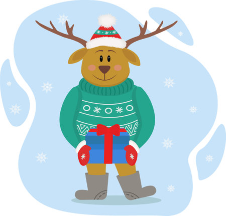 Cute deer with big horns and a green sweater on a blue background. Cute deer with a gift in his hands.Funny vector illustration of a deer. New Year, Christmas, holidays, advertising hero.のイラスト素材
