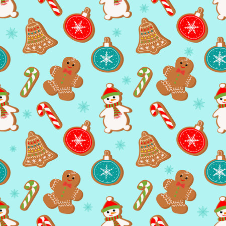 Vector seamless pattern with gingerbread and cookies on a blue background. Winter Christmas pattern. Symbols of a Happy New Year and Christmas. Home decorations, gift wrapping paper, covers, fabrics.のイラスト素材