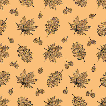 Seamless pattern with oak and maple leaves and acorns. Leaves with a beautiful ornament. Vector isolated background . Texture for textiles or wrapping paper, wallpaper, autumn pattern.のイラスト素材