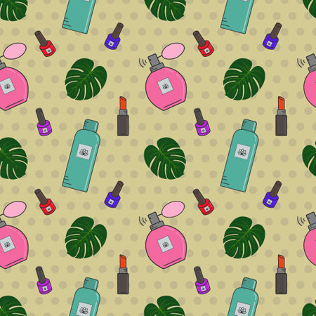Vector seamless pattern of cosmetics.Creams,lipstick, nail polish, face masks. Cosmetics store, beauty salon, postcard design,prints made of wrapping paper and packaging.Sketch a fashionable bannerのイラスト素材