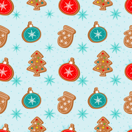 Vector seamless pattern with gingerbread and cookies on a blue background. Winter Christmas pattern. Symbols of a Happy New Year and Christmas. Home decorations, gift wrapping paper, covers, fabrics. Vector illustrationのイラスト素材