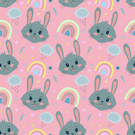 Cute seamless vector pattern with rabbits, hearts, clouds, rainbows and stars. Seamless vector printing on childrens fabrics, wallpaper, textiles.のイラスト素材