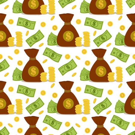 Vector seamless pattern with a bag of money. Money bag template. Making money, saving, investing, web design, business advertising.Vector seamless pattern with a bag of money.のイラスト素材