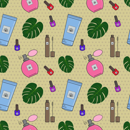 Vector seamless pattern of cosmetics.Creams,lipstick, nail polish, face masks. Cosmetics store, beauty salon, postcard design,prints made of wrapping paper and packaging.Sketch a fashionable bannerのイラスト素材