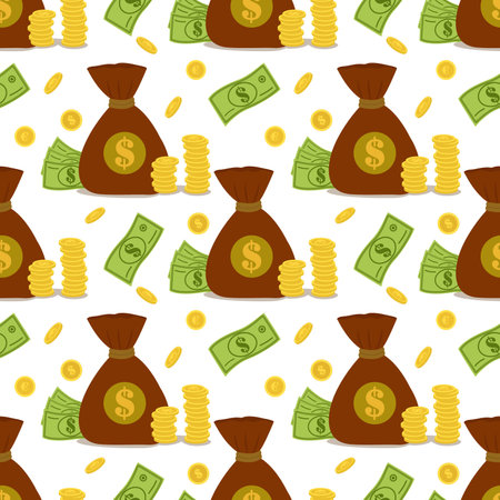 Vector seamless pattern with a bag of money. Money bag template. Making money, saving, investing, web design, business advertising.Vector seamless pattern with a bag of money. Vector illustrationのイラスト素材
