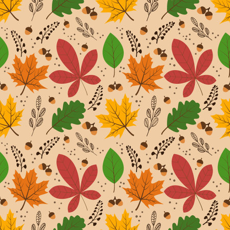 Vector seamless pattern with autumn elements, acorns, various leaves, autumn floral elements. Bright, repetitive texture for the autumn season. It is used for wrapping paper,packaging,wallpaper,books.のイラスト素材