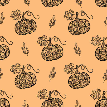 Seamless vector pattern with pumpkins and leaves. It is used for fabric making, wrapping paper, design and wallpaper. Vegetable autumn background of pumpkins and leaves. Beautiful ornament.Flat style.のイラスト素材